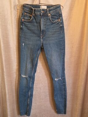 Zara Skinny High-Rise Jeans in Medium Blue with Knee Rips